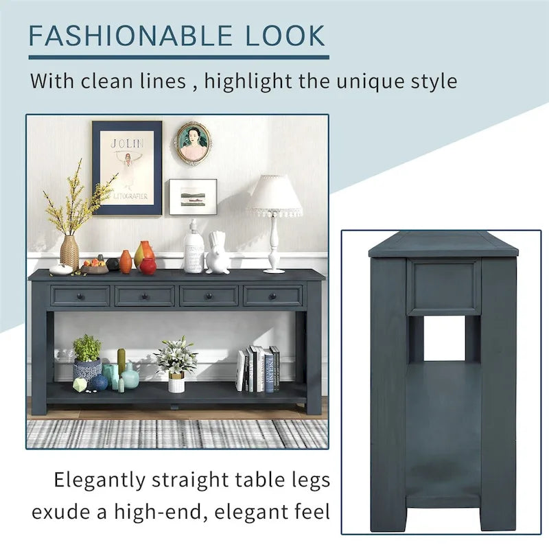 Rustic Console Table with Storage Drawers and Bottom Shelf