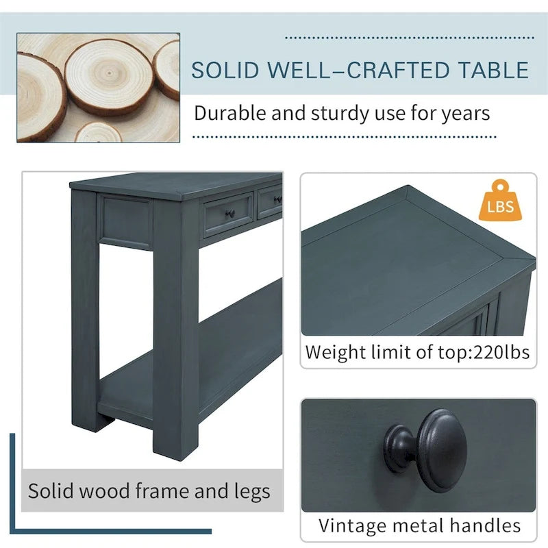 Rustic Console Table with Storage Drawers and Bottom Shelf