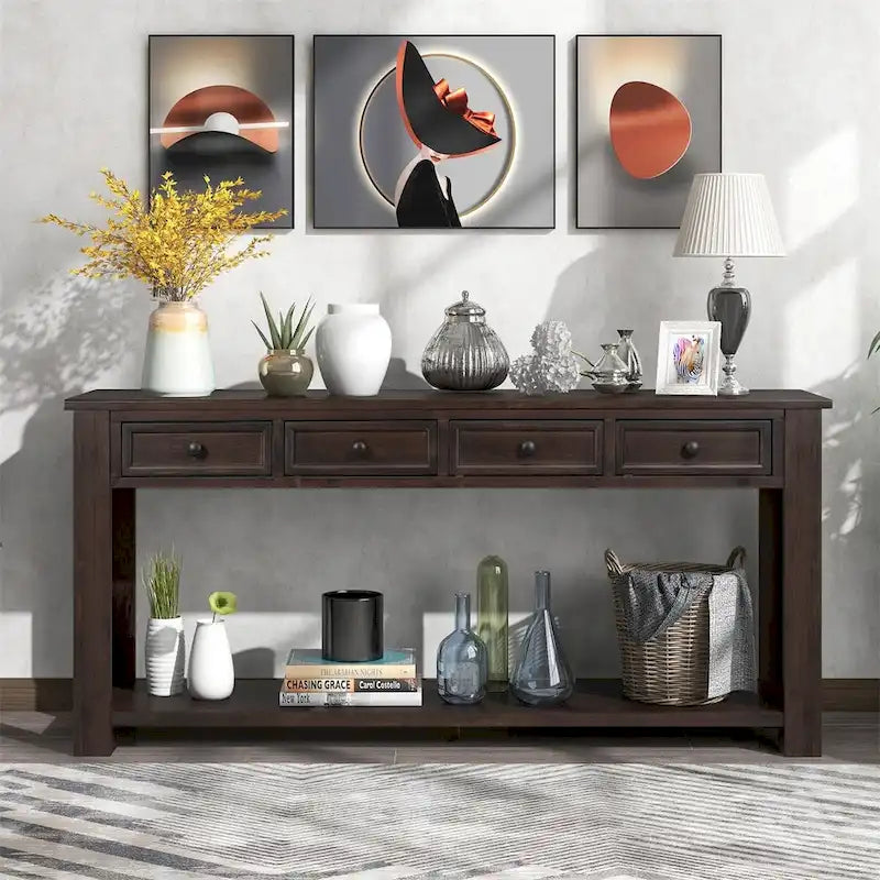 Rustic Console Table with Storage Drawers and Bottom Shelf