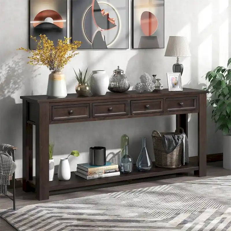 Rustic Console Table with Storage Drawers and Bottom Shelf