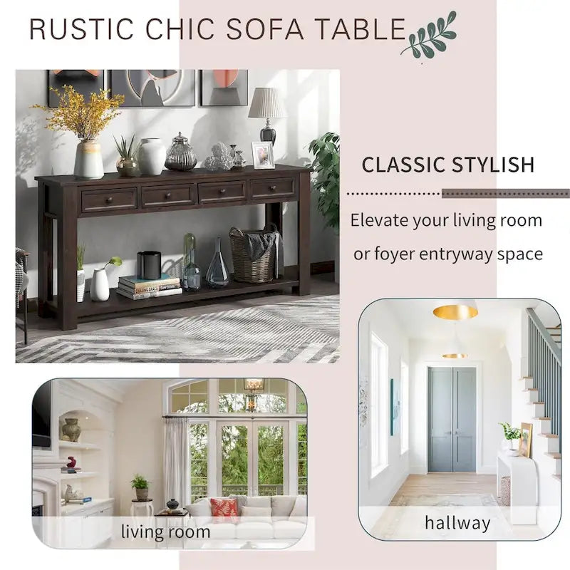 Rustic Console Table with Storage Drawers and Bottom Shelf