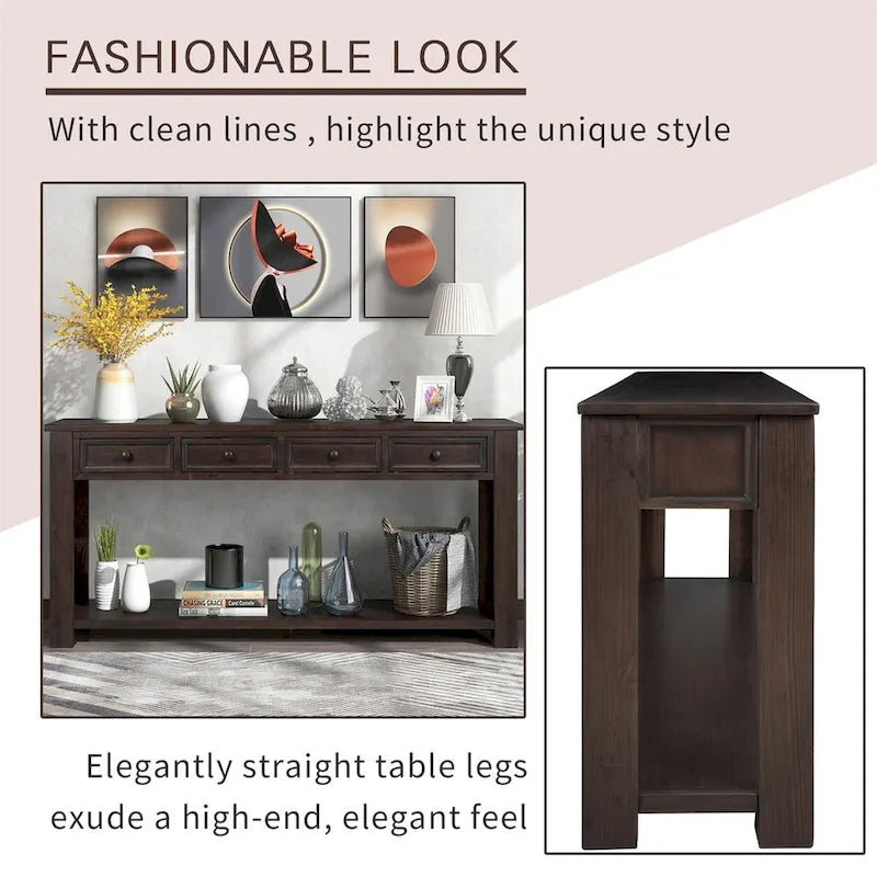 Rustic Console Table with Storage Drawers and Bottom Shelf