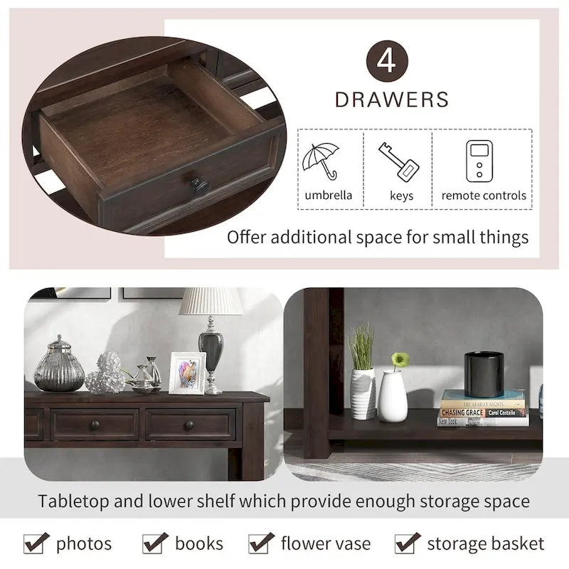 Rustic Console Table with Storage Drawers and Bottom Shelf