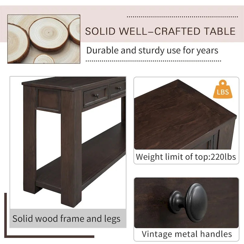 Rustic Console Table with Storage Drawers and Bottom Shelf