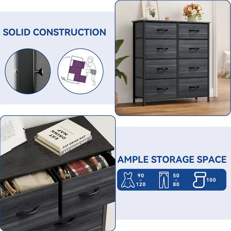8-Drawer Storage Chest Dresser with Wood Top and Iron Frame