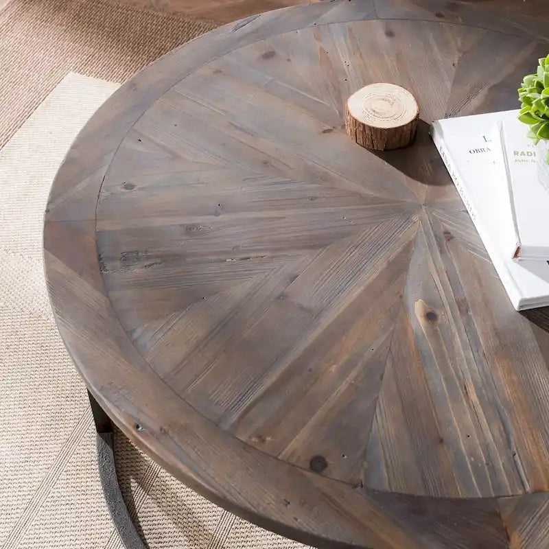 Modern Rustic Round Coffee Table with Reclaimed Wood Sunburst Top