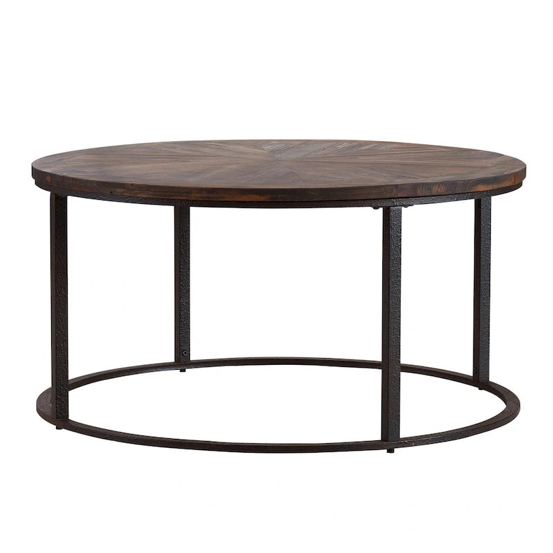 Modern Rustic Round Coffee Table with Reclaimed Wood Sunburst Top