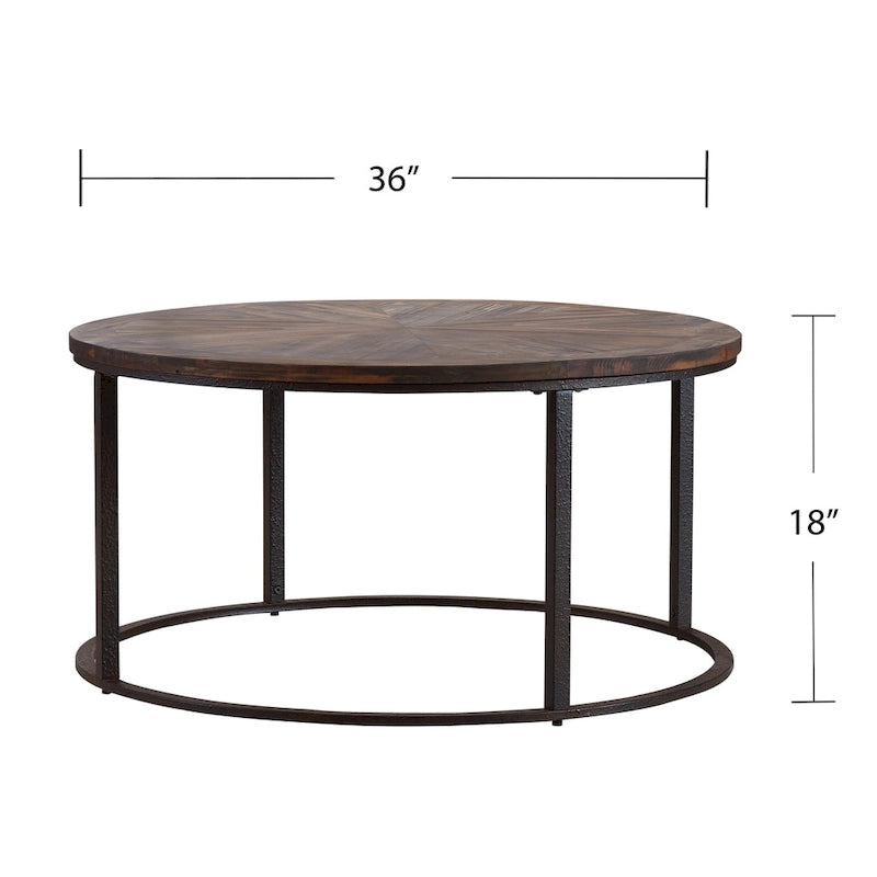 Modern Rustic Round Coffee Table with Reclaimed Wood Sunburst Top