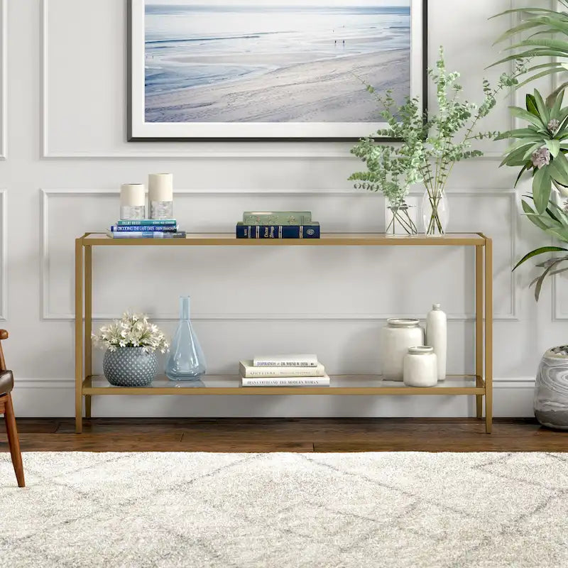 64" Wide Rectangular Console Table with Glass Shelf