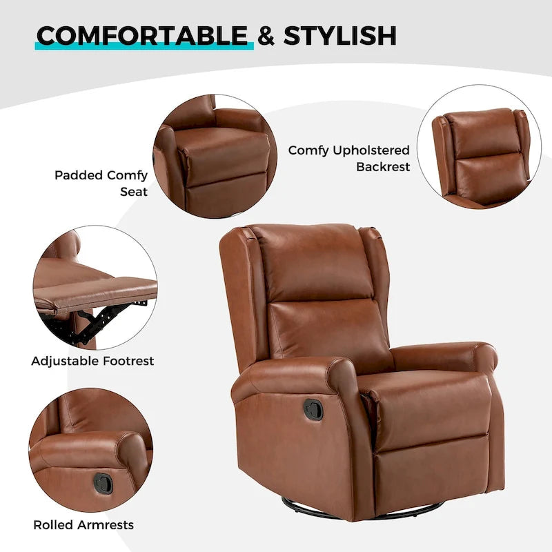 Contemporary Faux Leather Swivel Recliner Chair with Metal Base