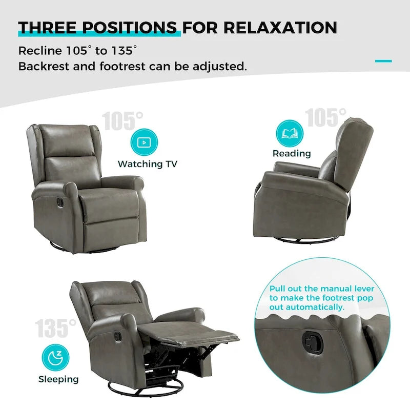 Contemporary Faux Leather Swivel Recliner Chair with Metal Base
