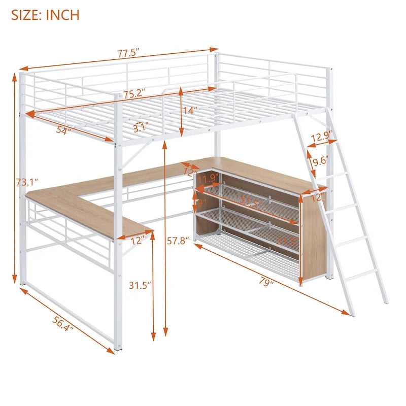 Full Size Metal Loft Bed with 3 Layers of Shelves and L-shaped Desk, Black