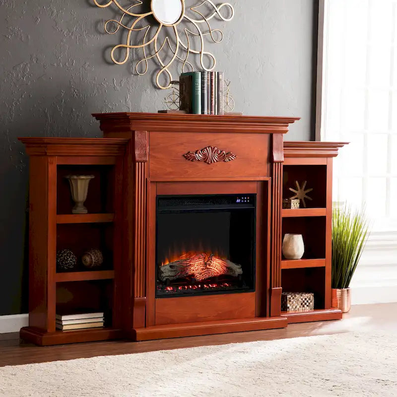 70" Mahogany Electric Fireplace TV Stand with Bookshelves