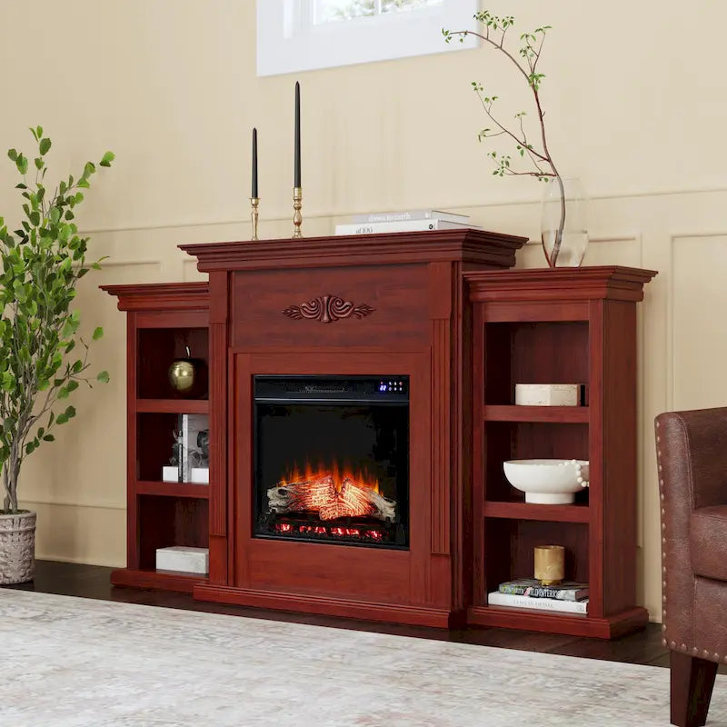 70" Mahogany Electric Fireplace TV Stand with Bookshelves