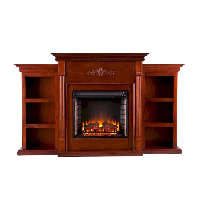 70" Mahogany Electric Fireplace TV Stand with Bookshelves