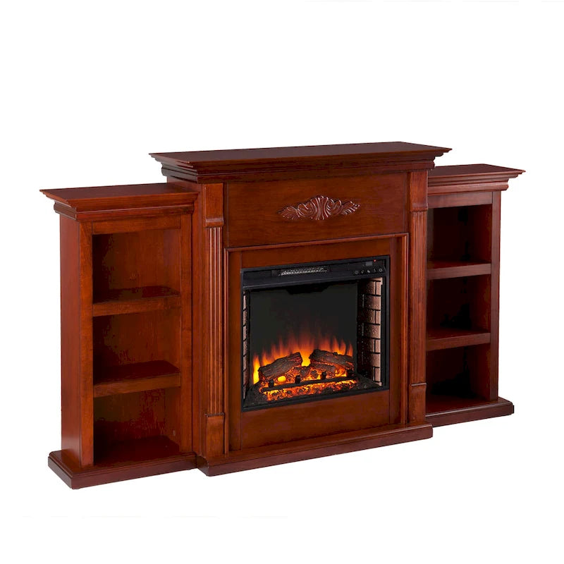 70" Mahogany Electric Fireplace TV Stand with Bookshelves
