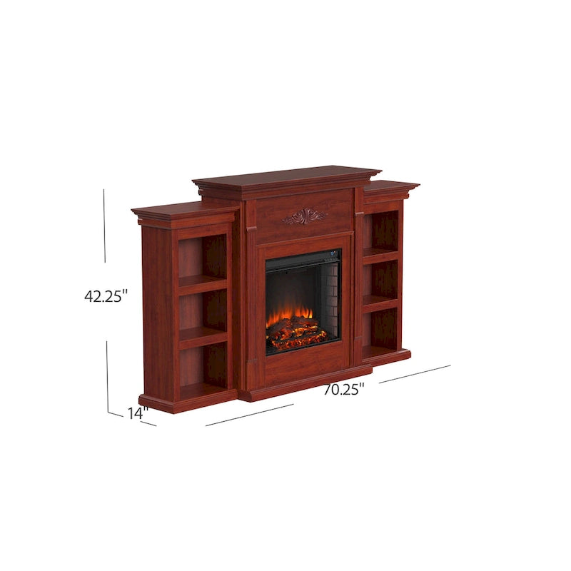 70" Mahogany Electric Fireplace TV Stand with Bookshelves