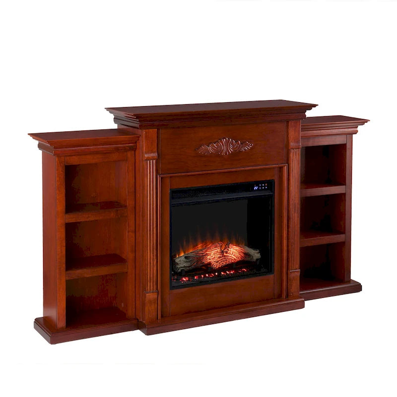 70" Mahogany Electric Fireplace TV Stand with Bookshelves