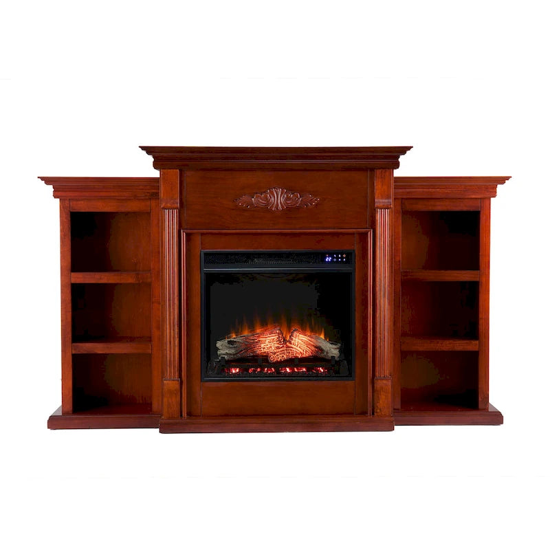 70" Mahogany Electric Fireplace TV Stand with Bookshelves