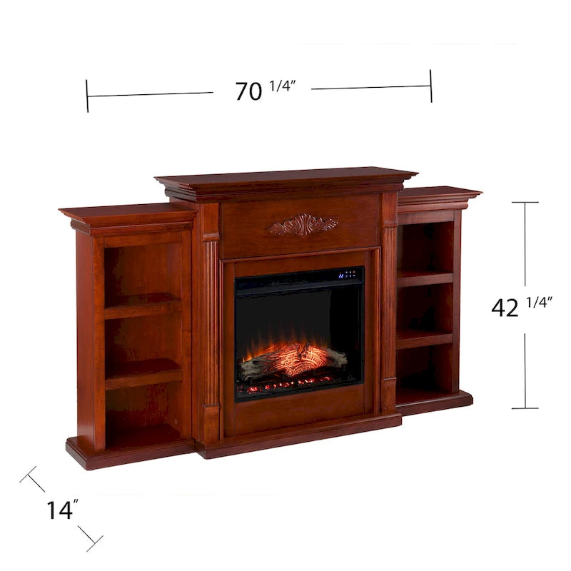 70" Mahogany Electric Fireplace TV Stand with Bookshelves