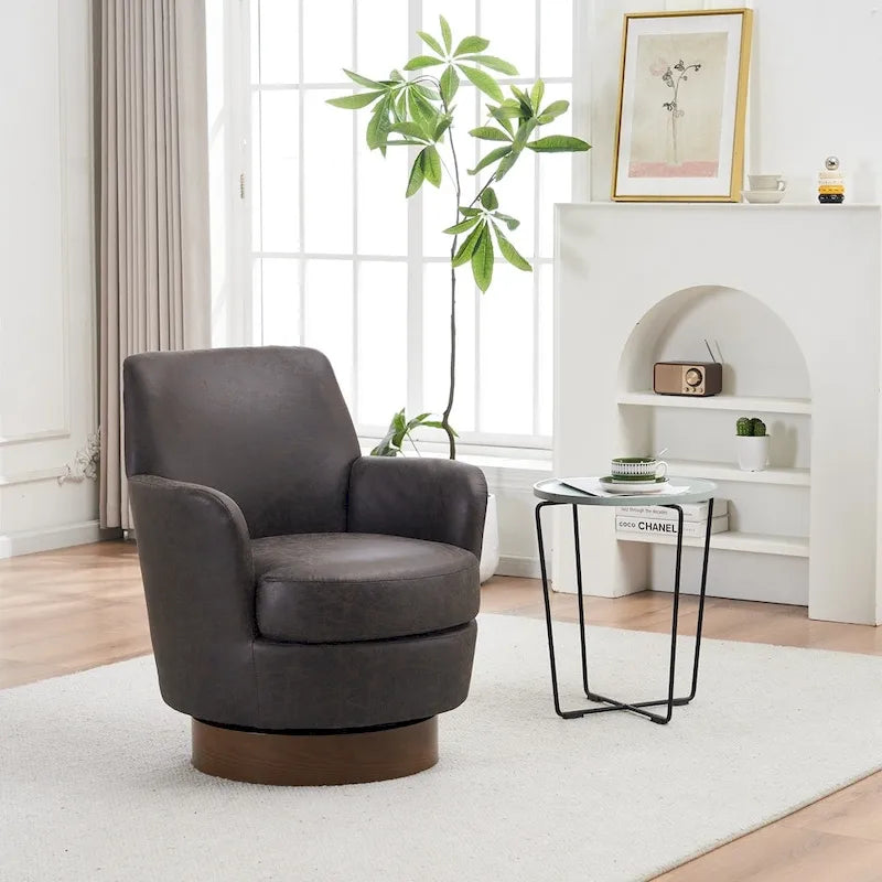 Poltrona girevole a barilotto in pelle PU con base in legno