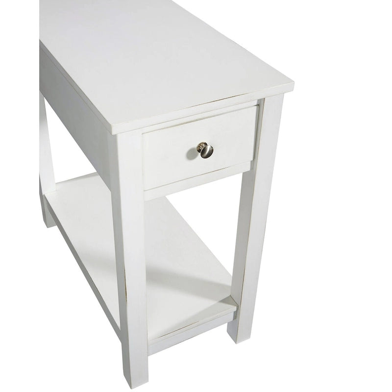 White Chairside Table with Drawer and Bottom Shelf