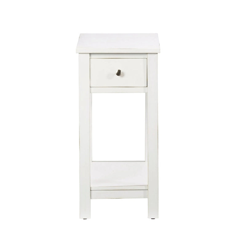 White Chairside Table with Drawer and Bottom Shelf
