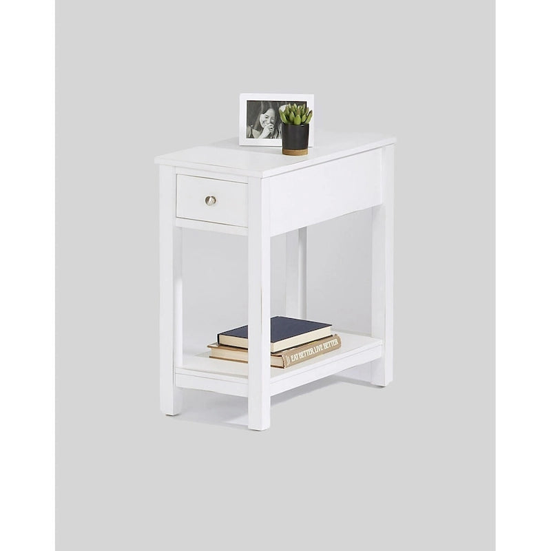 White Chairside Table with Drawer and Bottom Shelf