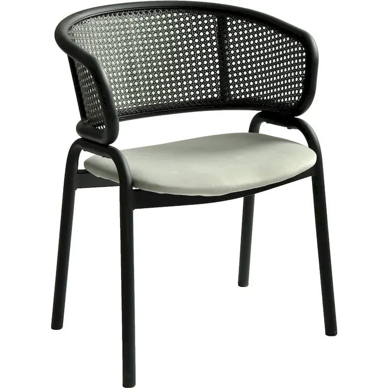 Modern Upholstered Dining Chair with Rattan Back and Black Iron Legs