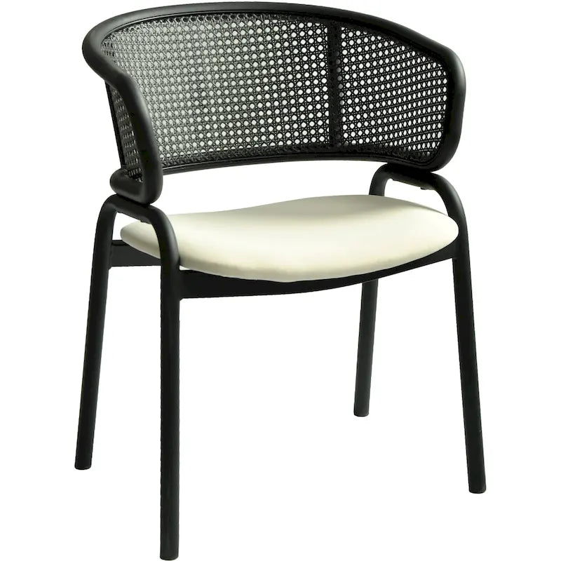 Modern Upholstered Dining Chair with Rattan Back and Black Iron Legs