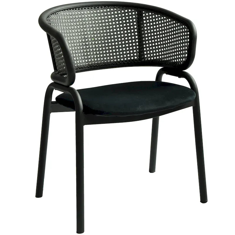 Modern Upholstered Dining Chair with Rattan Back and Black Iron Legs