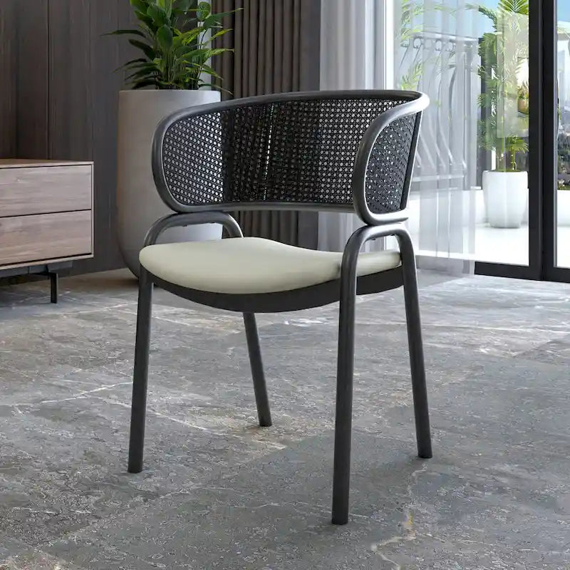 Modern Upholstered Dining Chair with Rattan Back and Black Iron Legs