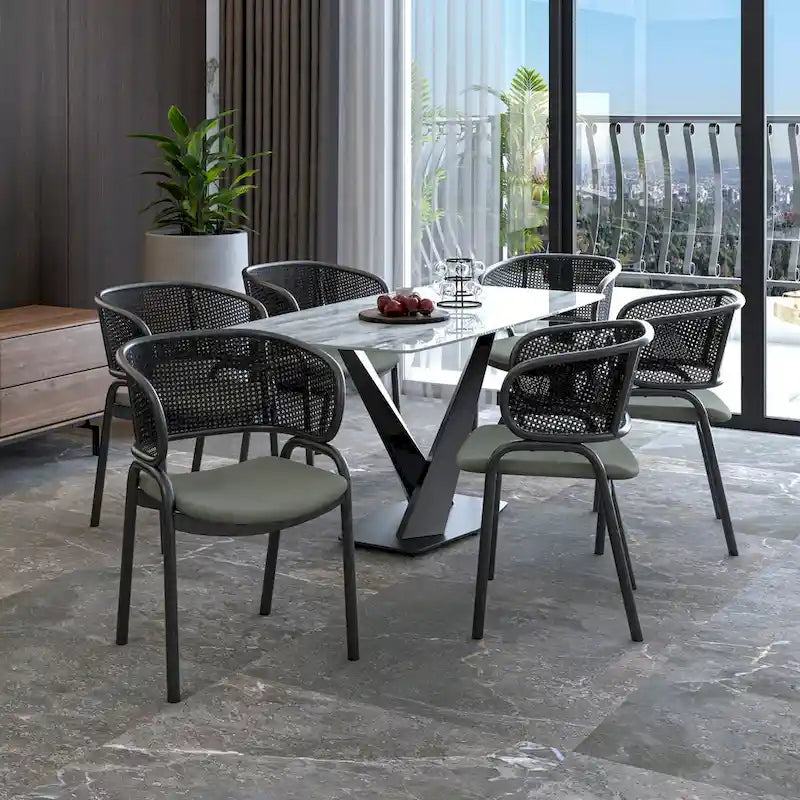 Modern Upholstered Dining Chair with Rattan Back and Black Iron Legs