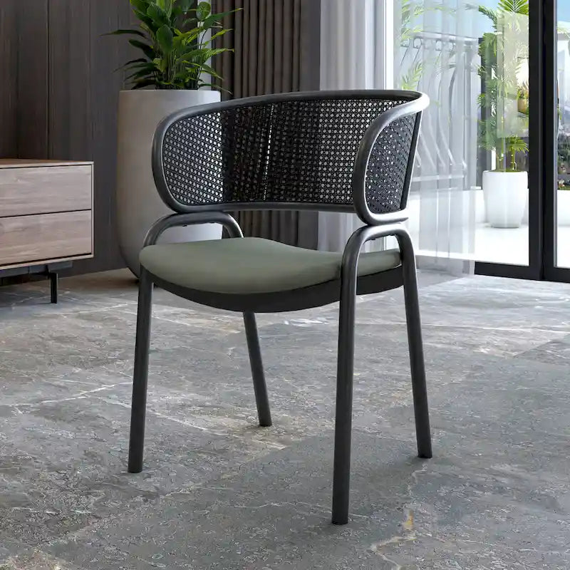 Modern Upholstered Dining Chair with Rattan Back and Black Iron Legs