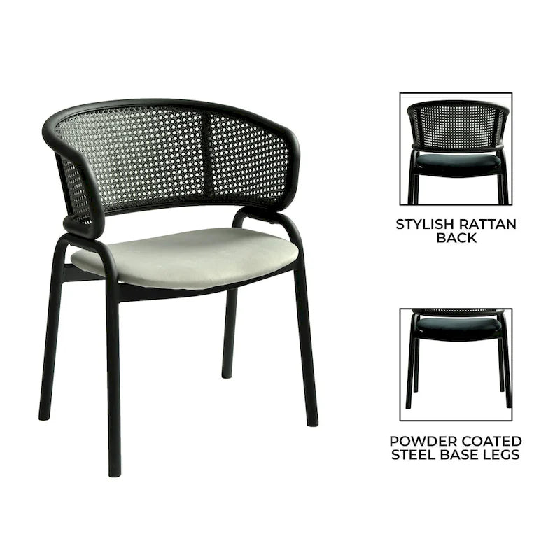 Modern Upholstered Dining Chair with Rattan Back and Black Iron Legs