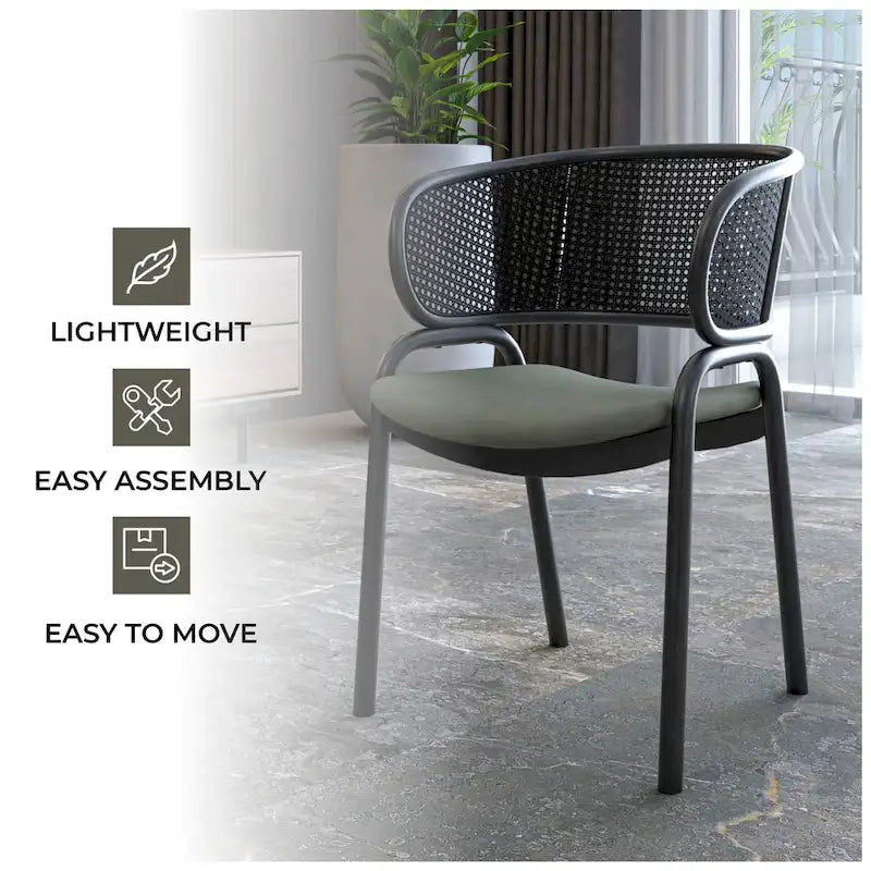 Modern Upholstered Dining Chair with Rattan Back and Black Iron Legs