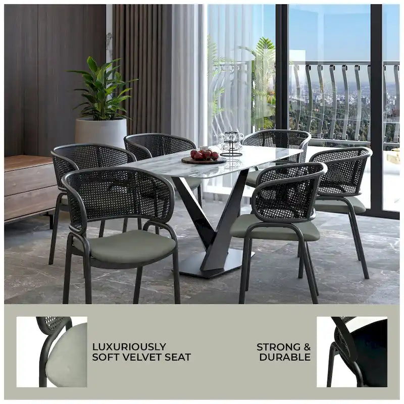 Modern Upholstered Dining Chair with Rattan Back and Black Iron Legs
