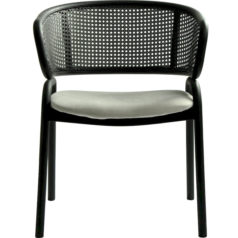 Modern Upholstered Dining Chair with Rattan Back and Black Iron Legs