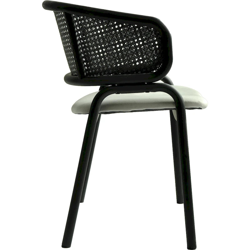 Modern Upholstered Dining Chair with Rattan Back and Black Iron Legs