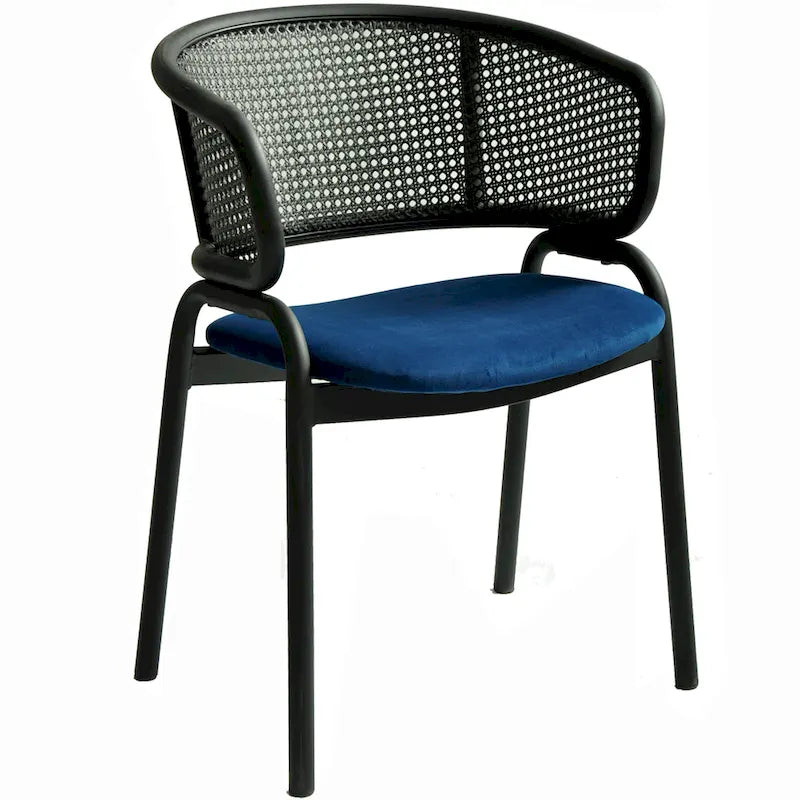 Modern Upholstered Dining Chair with Rattan Back and Black Iron Legs