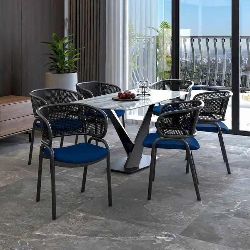Modern Upholstered Dining Chair with Rattan Back and Black Iron Legs