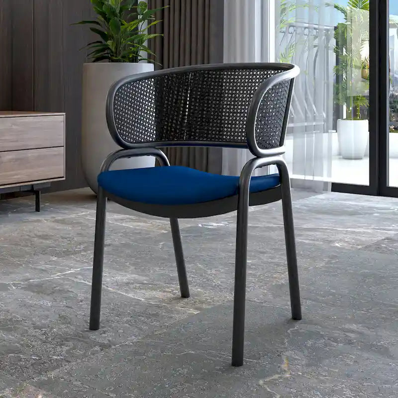 Modern Upholstered Dining Chair with Rattan Back and Black Iron Legs