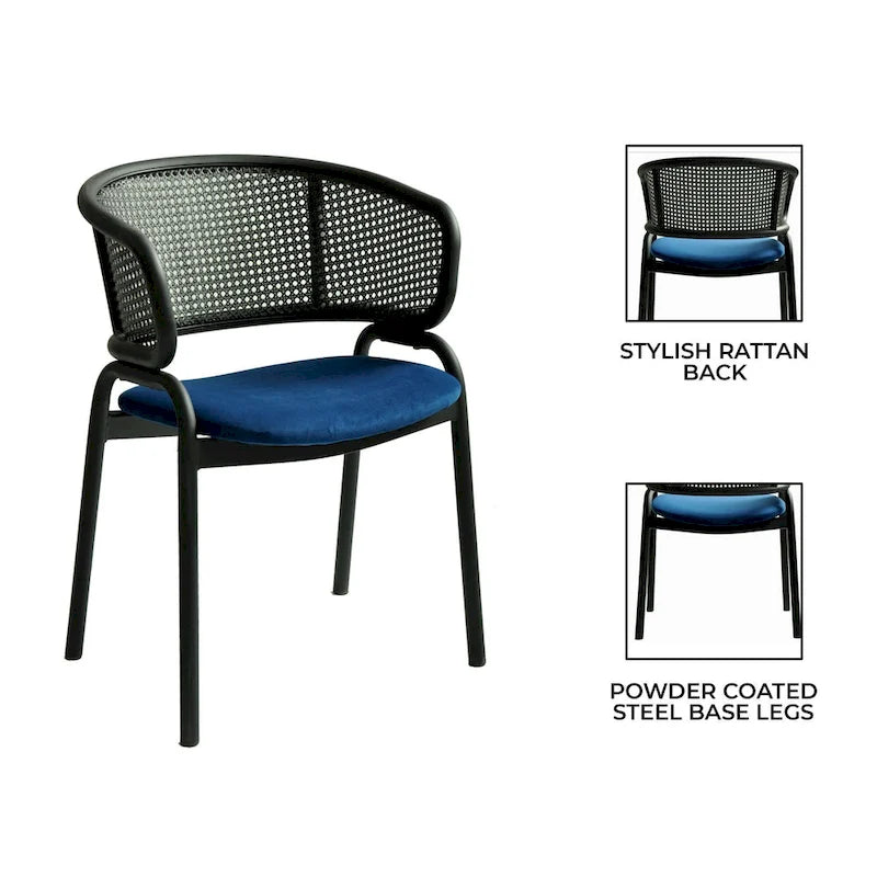 Modern Upholstered Dining Chair with Rattan Back and Black Iron Legs