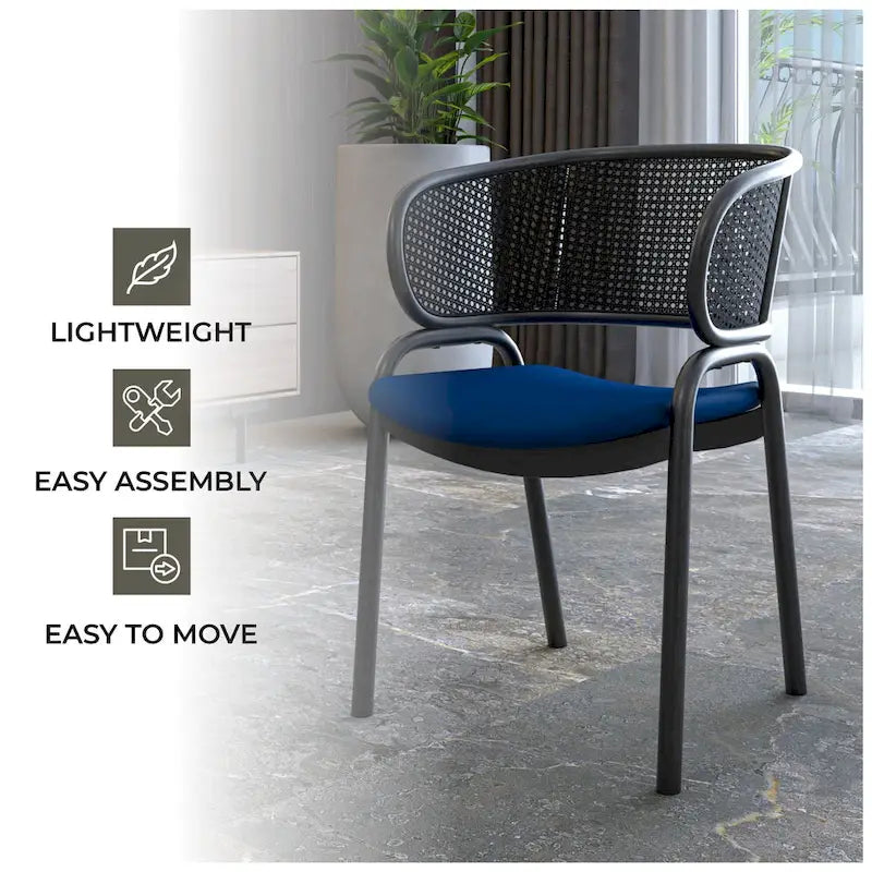 Modern Upholstered Dining Chair with Rattan Back and Black Iron Legs
