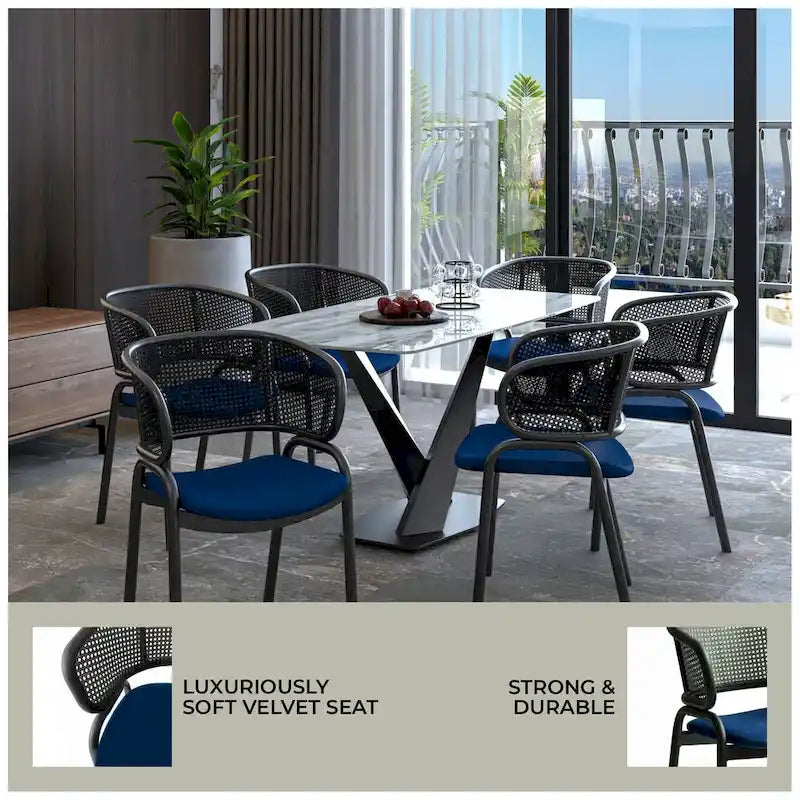 Modern Upholstered Dining Chair with Rattan Back and Black Iron Legs