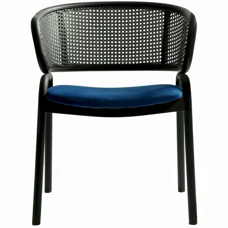 Modern Upholstered Dining Chair with Rattan Back and Black Iron Legs