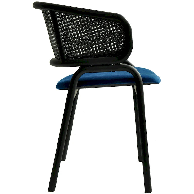 Modern Upholstered Dining Chair with Rattan Back and Black Iron Legs
