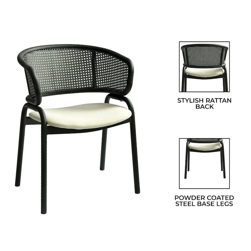 Modern Upholstered Dining Chair with Rattan Back and Black Iron Legs
