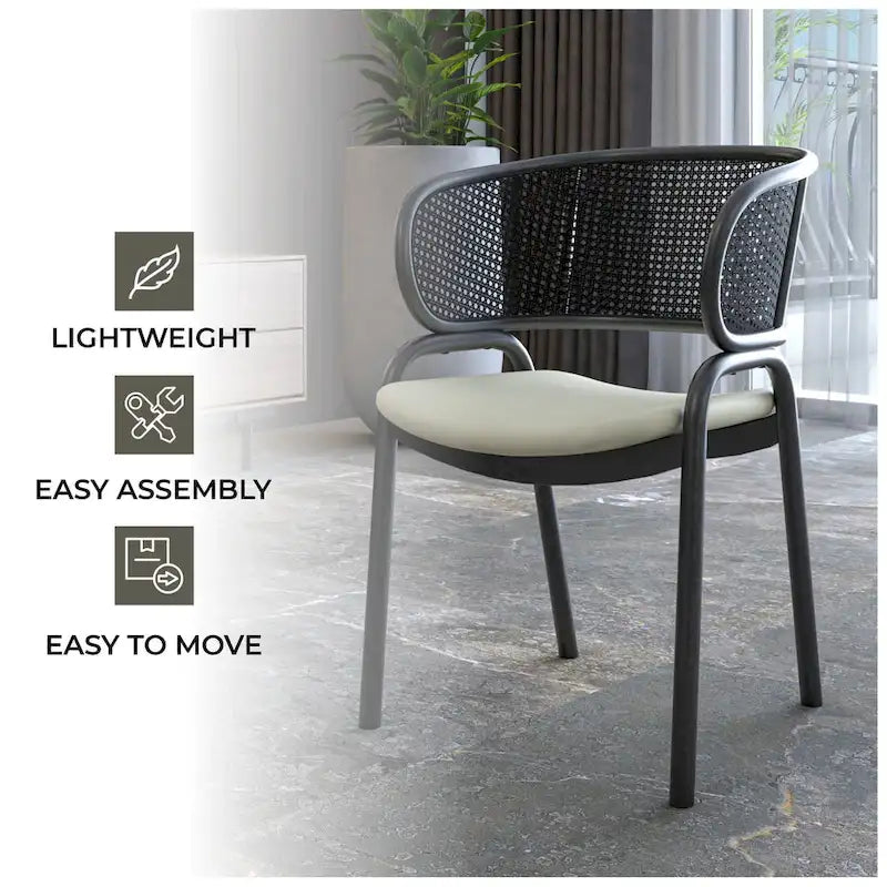 Modern Upholstered Dining Chair with Rattan Back and Black Iron Legs