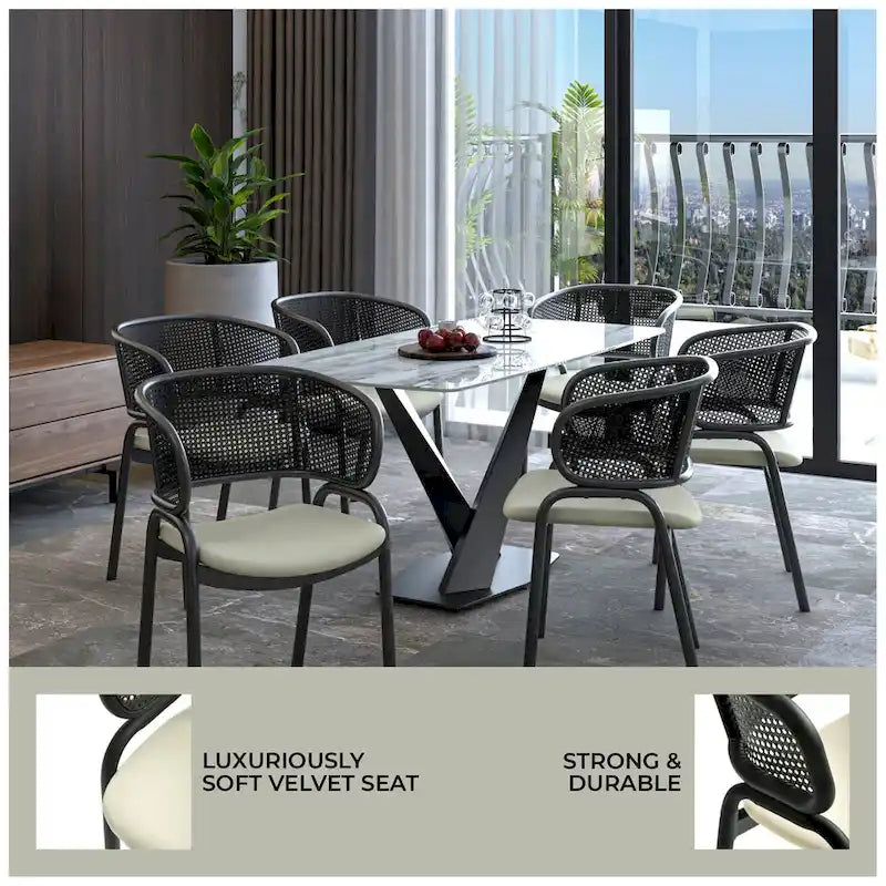 Modern Upholstered Dining Chair with Rattan Back and Black Iron Legs